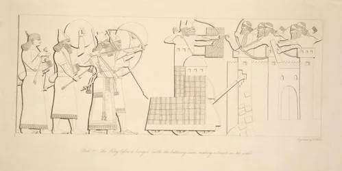 Der König vor einer belagerten Burg, der Rammbock macht eine Bresche in die Mauern, aus Denkmäler von Ninive, veröffentlicht 1849