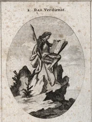 Allegorie des Verdienstes, dargestellt auf der Spitze eines steilen Felsens mit Waffen und einem Buch, das es als Ergebnis seiner Werke und Studien symbolisiert. Gravur in „Iconologie oder Ideen aus dem Gebiete der Leidenschaften und Allegorien bildlich da