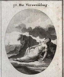 Allegorie der Verzweiflung, die einen Dolch in der Brust und einen Zweig Zypresse in der Hand darstellt (Baum, der einst die Gräber schmückte). Der Kompass ist das Emblem der Unordnung des Denkens. Gravur in „Iconologie oder Ideen aus dem Gebiete der Leide
