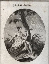 Allegorie des Unglücks. Sie sitzt auf Brisen, deren Fragilität das Bild der Instabilität des Glücks und der Elend des Lebens ist. Gravur in "Iconologie oder Ideen aus dem Gebiete der Leidenschaften und Allegorien bildlich dargestellt für Zeichner, Maler, D