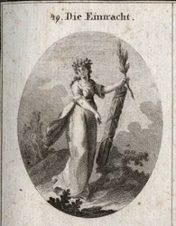 Allegorie der Eintracht, dargestellt mit einer Krone aus Granatäpfeln, dem Emblem der Vereinigung. Der Olivenzweig ist ein Symbol des Friedens und das eng zusammengebundene Bündel von Stäben zeigt die Macht vereinter Kräfte. Gravur in „Iconologie oder Idee