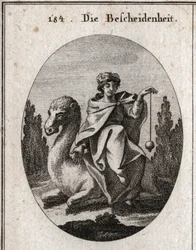 Allegorie der Diskretion. Das Lot, das sie senkrecht hält, ist das Attribut der Korrektheit. Sie sitzt auf einem knienden Kamel, um ihre Fahrt zu erleichtern. Gravur in „Iconologie oder Ideen aus dem Gebiete der Leidenschaften und Allegorien bildlich darge