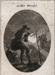 Allegorie des Zweifels, dargestellt durch einen jungen Mann, der mit einer Laterne durch die Dunkelheit geht und einem Boot hilft, seinen Weg durch mehrere mit Steinen gefüllte Pfade zu finden. Gravur in „Iconologie oder Ideen aus dem Gebiete der Leidensch