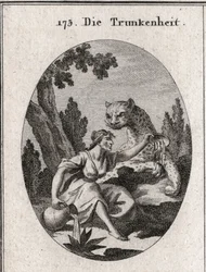 Allegorie der Trunkenheit. Sie hält einen Krug und einen Becher voller Wein, den sie verlässt. Ihr Symbol ist ein Panther, Symbol der Wut der Trunkenheit. Gravur in "Iconologie oder Ideen aus dem Gebiete der Leidenschaften und Allegorien bildlich dargestel