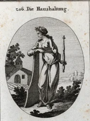 Allegorie der Wirtschaft. Sie ist mit einem Olivenzweig gekrönt, der den Frieden symbolisiert. Sie lehnt sich an ein Ruder und hält ein Zepter und einen Kompass, Embleme der Macht und der genauen Regierung. Gravur in „Iconologie oder Ideen aus dem Gebiete 