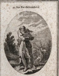Allegorie der Angst in Gestalt eines alten Mannes mit Flügeln an den Füßen, die der Flucht dienen. Seine Attribute sind Hase und Hirsch. Gravur in „Iconologie oder Ideen aus dem Gebiete der Leidenschaften und Allegorien bildlich dargestellt für Zeichner, M