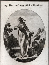 Allegorie der Finesse, die dazu neigt zu täuschen. Sie wird dargestellt mit einer Hand auf ihrer Brust und der anderen hinter ihrem Rücken, die einen Fuchs hält, das Symbol der Täuschung. Gravur in „Iconologie oder Ideen aus dem Gebiete der Leidenschaften 