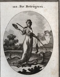 Allegorie des Betrugs, dargestellt mit einem doppelten Herzen und einer Maske. Sie hält eine Angelrute, die einen Fisch gefangen hat. Ihre Beine enden in Geierkrallen und sie hat einen Skorpionschwanz. Ihr Attribut ist eine Schlange mit einem menschlichen 