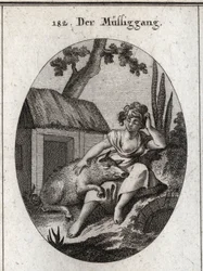 Allegorie der Faulheit, dargestellt durch eine halb schlafende Frau, die sich mit einer Hand am Kopf kratzt und mit der anderen auf einem Schwein ruht, das auf ihren Knien schläft. Gravur in „Iconologie oder Ideen aus dem Gebiete der Leidenschaften und All