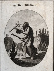 Allegorie der Imbezilität oder Demenz, dargestellt durch einen alten Mann auf einem Schilfrohr, Attribut der Fragilität und des Alters. Er hält eine Kartenmühle, die er bläst, um sie zu drehen. Gravur in „Iconologie oder Ideen aus dem Gebiete der Leidensch