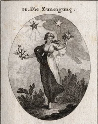 Allegorie der Neigung. Sie hält einen Rosenstrauß und einen Dornenstrauß und blickt unentschlossen bei ihrer Wahl. Hinter ihr befinden sich ein heller und wohltätiger Stern, der des Jupiter, und ein dunkler und schädlicher Stern, der des Saturn. Stich in