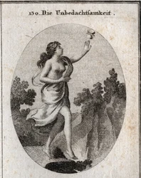 Allegorie der Unüberlegtheit. Sie geht und schaut auf einen Schmetterling, ohne zu sehen, dass ein Abgrund vor ihren Füßen ist. Der Zirkel und die Lineale zeigen, dass sie keine Maße kennt oder einhält. Gravur in "Iconologie oder Ideen aus dem Gebiete der 