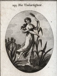 Allegorie der Instabilität, vom Wind aufgewühlt. Sie stützt sich mit beiden Händen auf ein zerbrechliches Schilfrohr und steht nur mit einem Fuß auf einem Ball. Gravur in „Iconologie oder Ideen aus dem Gebiete der Leidenschaften und Allegorien bildlich dar