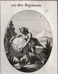 Allegorie des Interesses mit Wolfspelz. Er drückt eine Kugel. Dieses Emblem bedeutet, dass Gier das Eigene der Interessierten ist. Gravur in „Iconologie oder Ideen aus dem Gebiete der Leidenschaften und Allegorien bildlich dargestellt für Zeichner, Maler, 