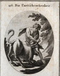 Allegorie der Unerschrockenheit, dargestellt durch einen kräftigen jungen Mann, der einen wütenden Stier aufhält, indem er ihn an den Hörnern hält. Gravur in „Iconologie oder Ideen aus dem Gebiete der Leidenschaften und Allegorien bildlich dargestellt für 