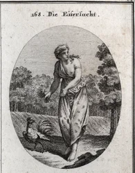 Allegorie der Eifersucht, die das Ohr auf einer Seite streckt und beobachtet, was auf der anderen Seite passiert. Ihr Kleid ist mit Augen und Ohren übersät, und der Strauß aus Dornen, den sie hält, zeigt, dass ihr Leiden freiwillig ist. Der Hahn, eifersüch