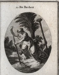 Allegorie der Bosheit. Sie hält einen Stock, mit dem sie das Wasser des Teiches stört. Der Affe, ihr Attribut, entwurzelt einen Pfahl, um das Vogelnest, das sich oben befindet, zu Fall zu bringen. Gravur in „Iconologie oder Ideen aus dem Gebiete der Leiden