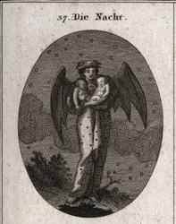 Allegorie der Nacht, dargestellt mit Fledermausflügeln. Sie hält zwei schlafende Kinder, eines weiß und das andere schwarz (Traum und Albtraum). Gravur in „Iconologie oder Ideen aus dem Gebiete der Leidenschaften und Allegorien bildlich dargestellt für Zei