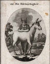 Allegorie des Eigensinns, die sich auf ein Maultier stützt. Die Eselsohren auf ihrem Kopf sind das Sinnbild für Unwissenheit und Starrsinn. Der Dampf um ihren Kopf bedeutet, dass ihr Verstand verfinstert ist. Stich in „Iconologie oder Ideen aus dem