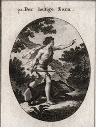 Allegorie der Leidenschaft oder Impetuosität, dargestellt durch einen Teenager mit einem Schwert, um zu zeigen, dass er dem Zorn folgt. Sein Attribut ist ein reizbares Wildschwein, ein Tier, das immer kämpft, ohne Rücksicht auf die Gefahr. Gravur in „Icono