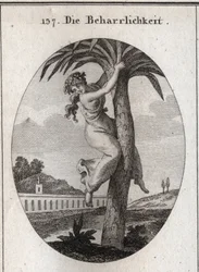 Allegorie der Beharrlichkeit. Die Palme, an die ein junges Mädchen gebunden ist, ist das Symbol der Tugend. Sie schaut mit Verachtung auf die Erde. Gravur in „Iconologie oder Ideen aus dem Gebiete der Leidenschaften und Allegorien bildlich dargestellt für 