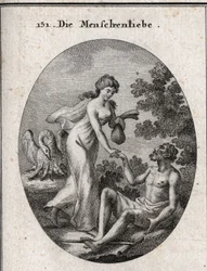 Allegorie der Philanthropie. Sie hält ein Stipendium und kommt, um einem armen Mann zu helfen, dem sie die Hand reicht. Ihr Attribut ist ein Pelikan, der seine Brust öffnet, um seine Jungen zu füttern. Gravur in „Iconologie oder Ideen aus dem Gebiete der L