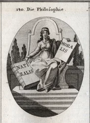 Allegorie der Philosophie, die auf einem Marmorthron über mehreren Stufen sitzt. Sie hat ein goldenes Diadem auf der Stirn und hält zwei offene Bücher „Naturalis“ (Natur) und „Moralis“ (Moral). Gravur in „Iconologie oder Ideen aus dem Gebiete der Leidensch