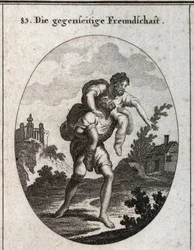 Allegorie der gegenseitigen Freundschaft. Ein Blinder wird von der Stimme eines verstümmelten Mannes auf seinen Schultern geführt. Gravur in „Iconologie oder Ideen aus dem Gebiete der Leidenschaften und Allegorien bildlich dargestellt für Zeichner, Maler, 