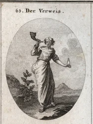 Allegorie der Zurechtweisung. Sie lernt, ein Buch zu schallen, das den unschönen Klang zurechtweisender Worte betont, die mit Vorsicht gehandhabt werden, wie die menschliche Zunge in der anderen Hand zeigt. Gravur in „Iconologie oder Ideen aus dem Gebiete 