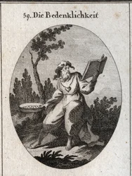 Allegorie der Skrupel, dargestellt durch einen alten Mann mit einer Goldkette, an der ein Herz als Emblem der Unschuld und des guten Rates befestigt ist. Er hält einen Kalender, den er sorgfältig betrachtet, und ein Sieb, das das Attribut der Unterscheidun