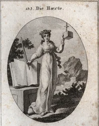 Allegorie der Strenge, gekrönt mit einem Eichenast, Attribut der Stärke. Sie stützt sich auf ein Gesetzbuch und hält eine Eisenstange. Der Würfel, in dem ein Dolch steckt, zeigt ihre Nähe und Unnachgiebigkeit. Gravur in „Iconologie oder Ideen aus dem Gebie