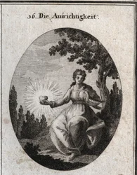Allegorie der Aufrichtigkeit, die eine Taube an ihre Brust hält und ein strahlendes Herz präsentiert. Gravur in „Iconologie oder Ideen aus dem Gebiete der Leidenschaften und Allegorien bildlich dargestellt für Zeichner, Maler, Dichter, Gelehrte, Erzieher u