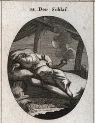 Allegorie des Schlafens auf einem Bett aus Ebenholz, in dessen Nähe ein Bach fließt. Er hält einen schwarzen und polierten Kegel, aus dem Dampf aufsteigt, der Träume bedeutet. Gravur in „Iconologie oder Ideen aus dem Gebiete der Leidenschaften und Allegori