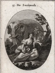 Allegorie der Sanftmut oder Mansuetude, Krone aus Olivenbäumen als Symbol des Friedens. Sein Attribut ist der Elefant, der die Güte des Herzens darstellt, das Lamm Symbol der Mansuetude und die Taube, Emblem der Sanftmut. Gravur in „Iconologie oder Ideen