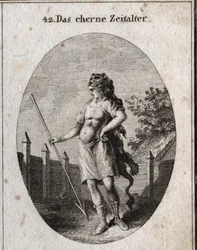 Allegorie des Kupferzeitalters, dargestellt als Wächter in stolzer Haltung nahe einem Zaun, bewaffnet mit einem Brustpanzer und einem Speer und einer Löwenhautkappe. Gravur in „Iconologie oder Ideen aus dem Gebiete der Leidenschaften und Allegorien bildlic