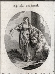 Allegorie der Großzügigkeit mit einer goldenen Krone auf dem Kopf und entblößter Brust, die die Adel der Gefühle und die Aufrichtigkeit des Herzens bezeichnet. Sie präsentiert Schmuck und Gold in einer Hand und die andere ruht auf einem friedlich zu ihren 