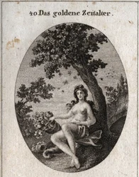 Allegorie des goldenen Zeitalters, dargestellt mit einem Füllhorn voller Früchte, sitzend neben einem Olivenbaum, Symbol des Friedens, in dessen Mitte ein Bienenschwarm ist. Gravur in „Iconologie oder Ideen aus dem Gebiete der Leidenschaften und Allegorien