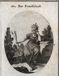 Allegorie der Feindschaft mit einem Helm, der mit Eisenspitzen besetzt ist. Ihr Kleid ist mit Flammen übersät. Die beiden Pfeile, die sie in entgegengesetzte Richtungen hält, sind Synonyme für Widerspruch. Gravur in „Iconologie oder Ideen aus dem Gebiete d