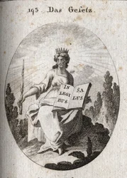 Allegorie des Gesetzes. Sein strahlendes Diadem kennzeichnet seinen göttlichen Ursprung. Das Zepter bezeichnet seine Autorität, und das Buch ist geöffnet oder mit „In Legibus Salus“ beschriftet, was bedeutet, dass es denen eine Belohnung verspricht, die