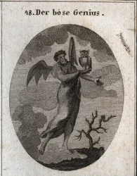 Allegorie des gegensätzlichen Geistes, dargestellt durch einen bösen Geist mit Fledermausflügeln und einer Eule, dem Vogel des schlechten Omen. Gravur in "Iconologie oder Ideen aus dem Gebiete der Leidenschaften und Allegorien bildlich dargestellt für Zeic
