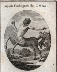 Allegorie der Geschwindigkeit des menschlichen Lebens, dargestellt durch einen Zentaur. Gravur in „Iconologie oder Ideen aus dem Gebiete der Leidenschaften und Allegorien bildlich dargestellt für Zeichner, Maler, Dichter, Gelehrte, Erzieher und Freunde Höh