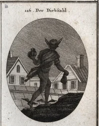 Allegorie des Diebstahls, dargestellt durch einen Mann, der in der Nacht mit einer tauben Laterne und einer Geldbörse in den Händen geht. Die Flügel an seinen Füßen zeigen, dass er bereit ist zu rennen. Gravur in „Iconologie oder Ideen aus dem Gebiete der 