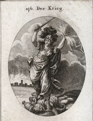 Allegorie des Krieges. Sie hält einen Blitz und ein nacktes Schwert und zerbricht unter ihren Füßen goldene und silberne Vasen und eine Statue des Gottes Plutus, die durch ein Füllhorn und eine Augenbinde symbolisiert wird. Im Hintergrund die Mauern einer 