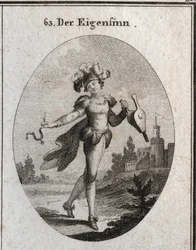 Allegorie der Laune. Sein Kostüm und seine Federn zeigen die Unbeständigkeit der Launen des Launischen. Die Blasebalg und der Sporn, die er hält, zeigen, dass er sowohl Tugend als auch Laster gleichgültig lobt. Gravur in „Iconologie oder Ideen aus dem Gebi