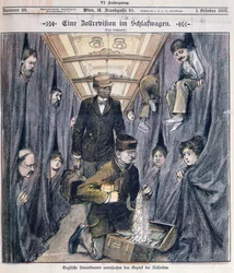 Englische Zollbeamte untersuchen Gepäck in einem Schlafwagen