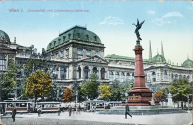 Postkarte mit der Universität Wien und dem Liebenberg-Denkmal, um 1915