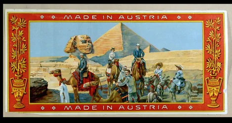 Touristen an den Pyramiden in Ägypten, Etikett von einer Fez-Box, um 1914