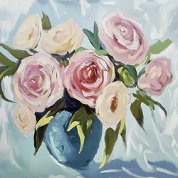 Rosa Rosen in blauer Vase
