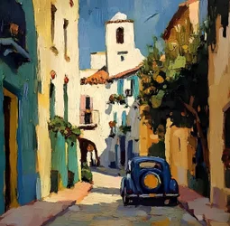 Sonniges Dorf Blauer Wagen