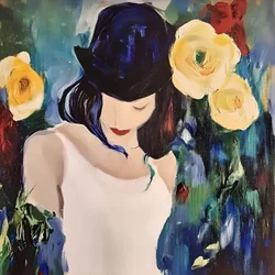 Frau mit Hut und Rosen